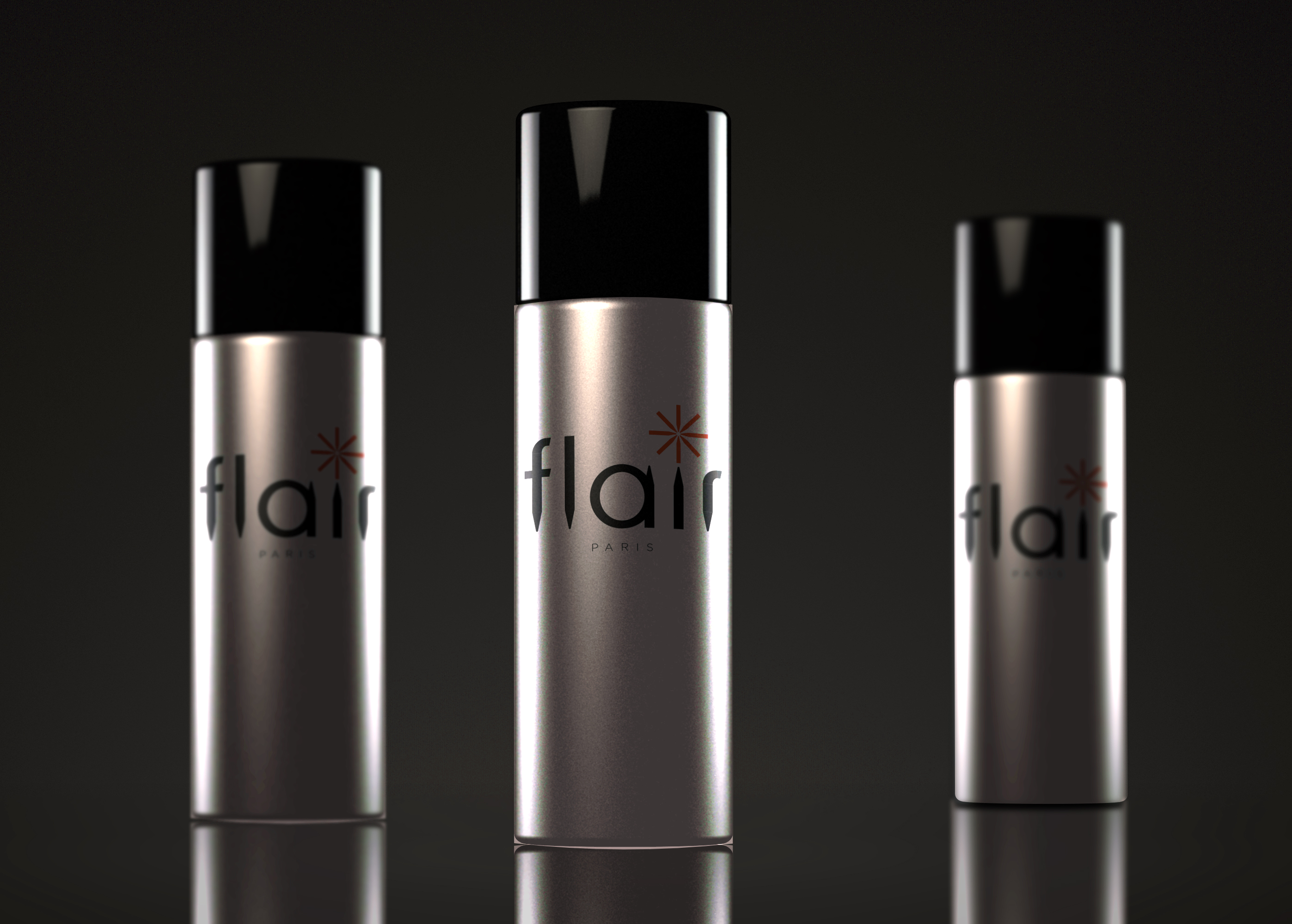 Photo of spray cans on a black background with the Flair logo printed on them