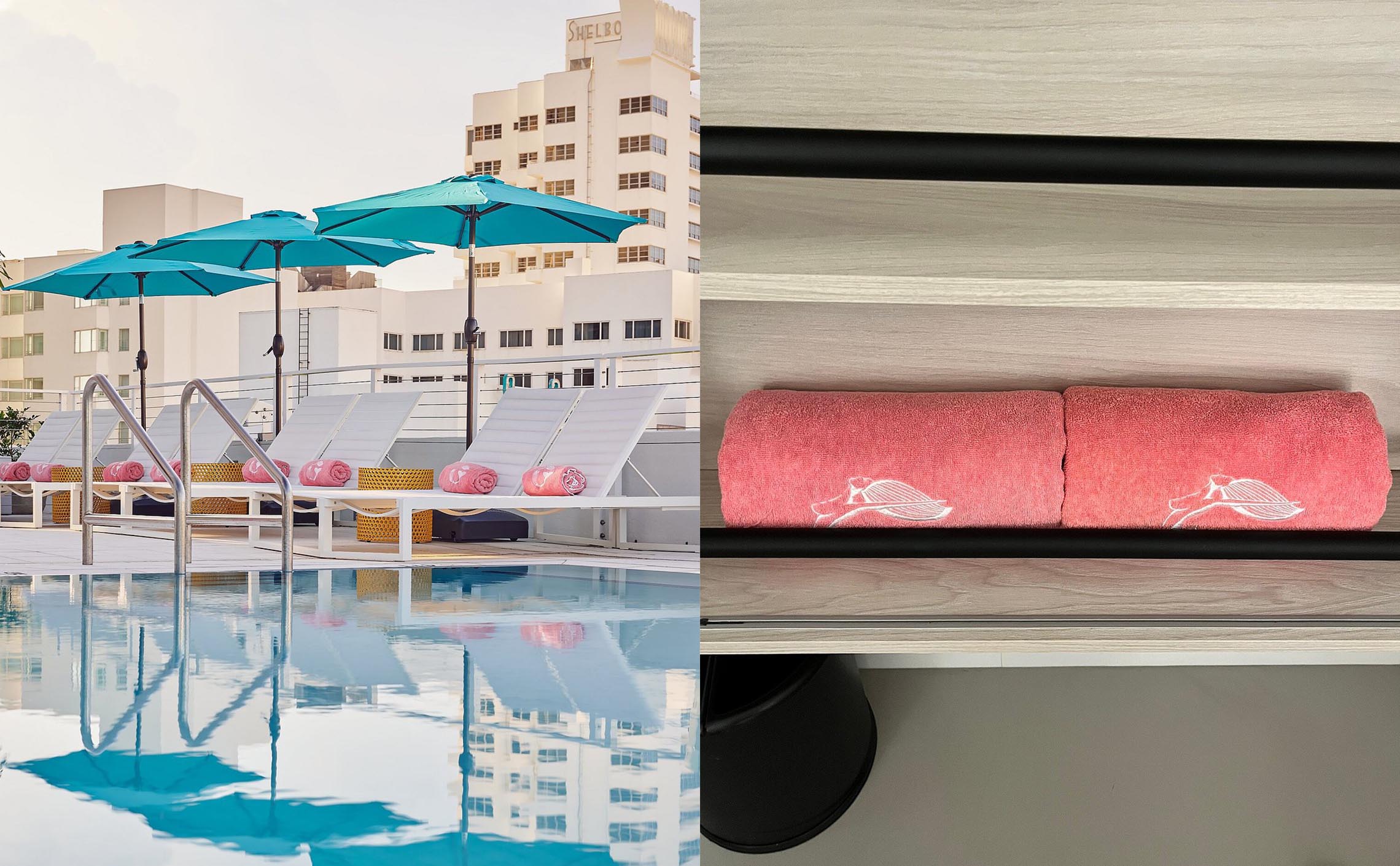 Rooftop Pool with pink embroidered towels on the left side of the image, and on the right side, a close-up of the towel with a white mermaid embroidered on it