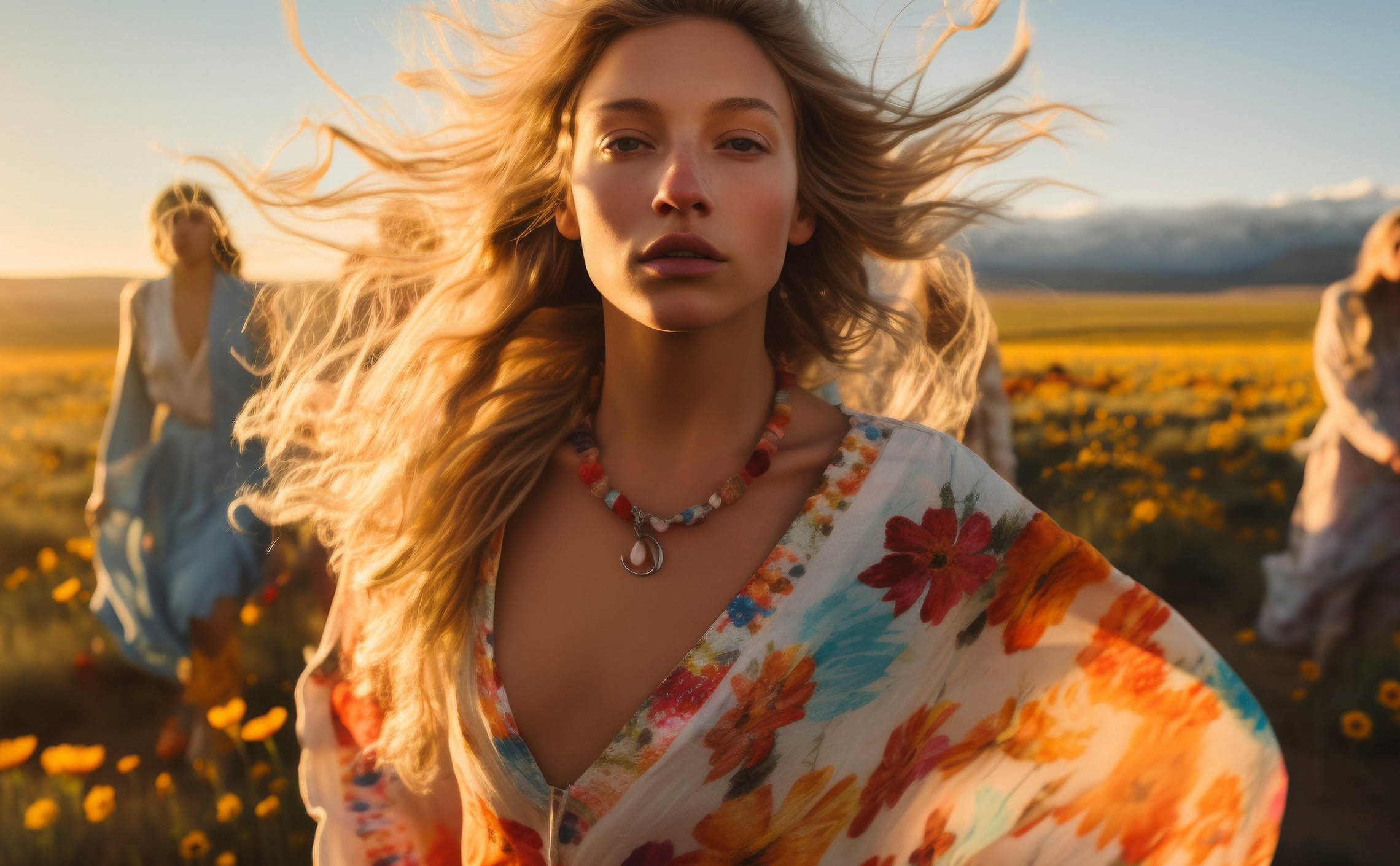 Bohemian Chic Woman in a sunny field with a flowing dress