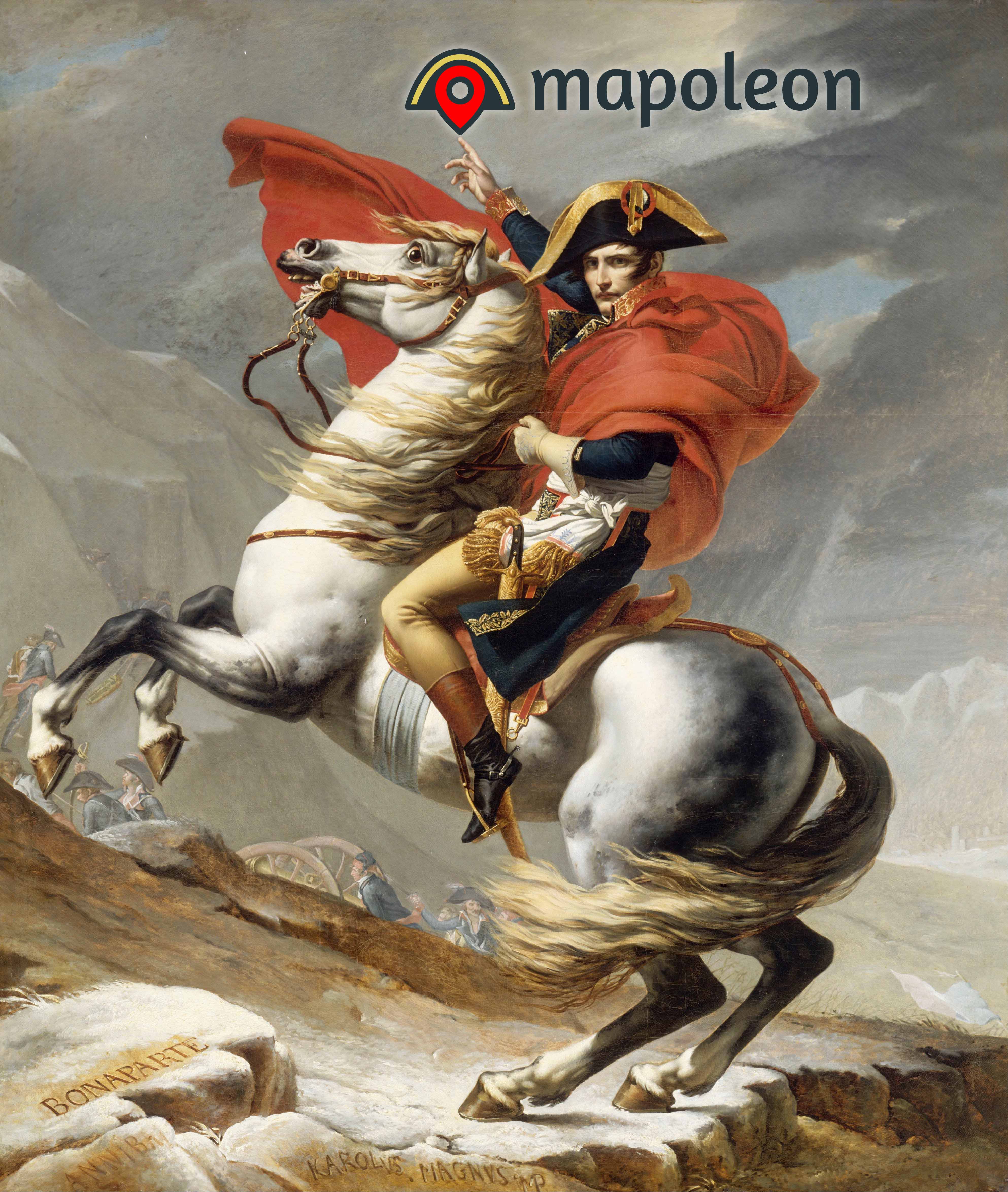 Painting of Napoleon Bonaparte on a horse with the Mapoleon logo on top