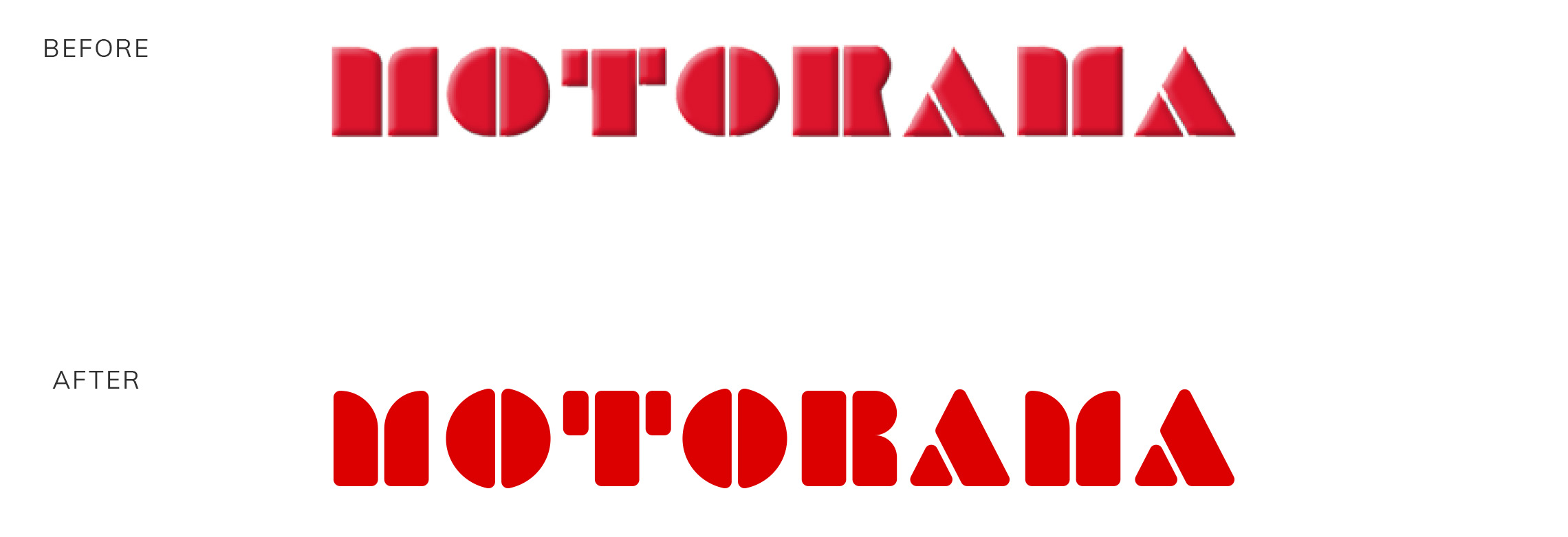 Before and After of the logo redesign with the old Motorama logo on top and the new one at the bottom
