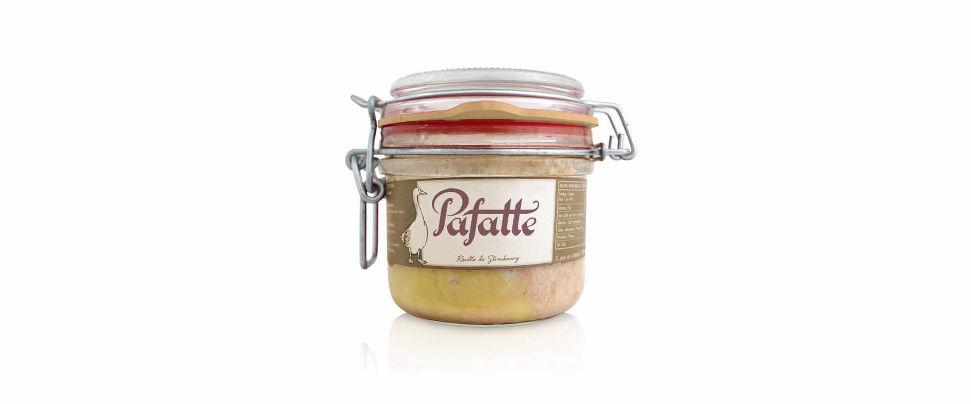 Glass jar of pâté with the Pafatte logo on the label