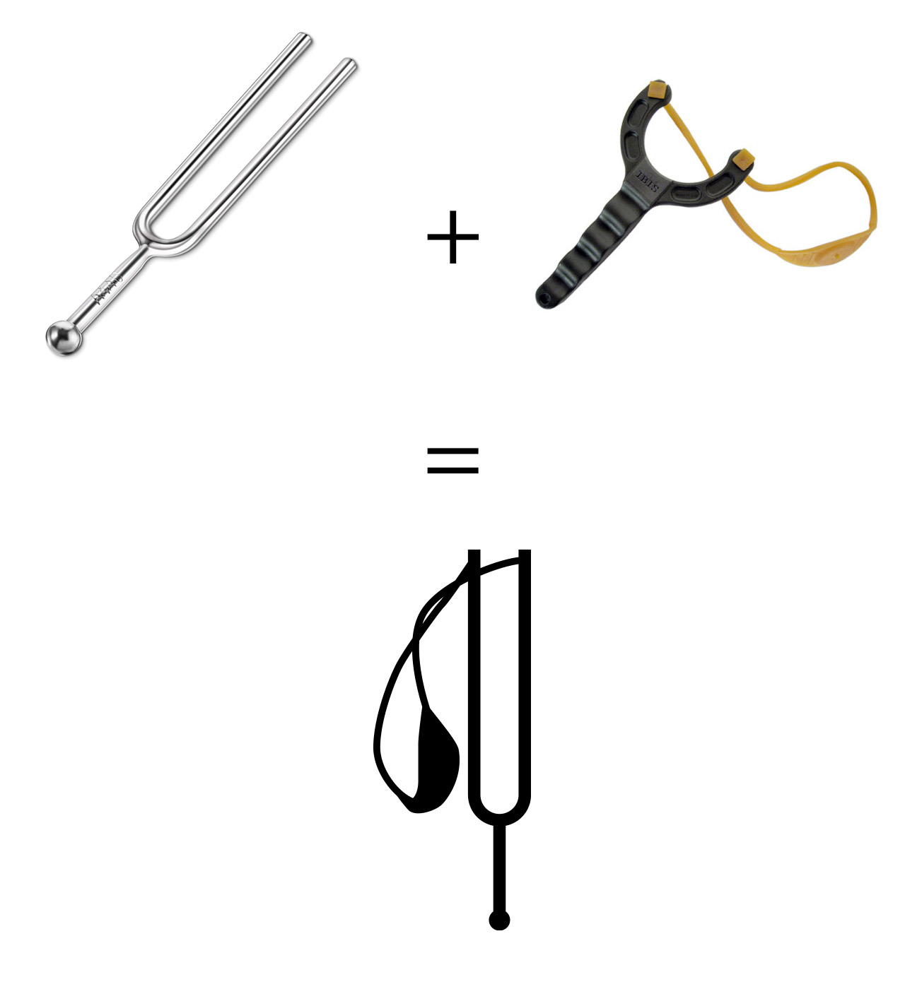 Spielzeug Muzak logo concepts showing a photo of a tuning fork alongside an image of a slingshot 