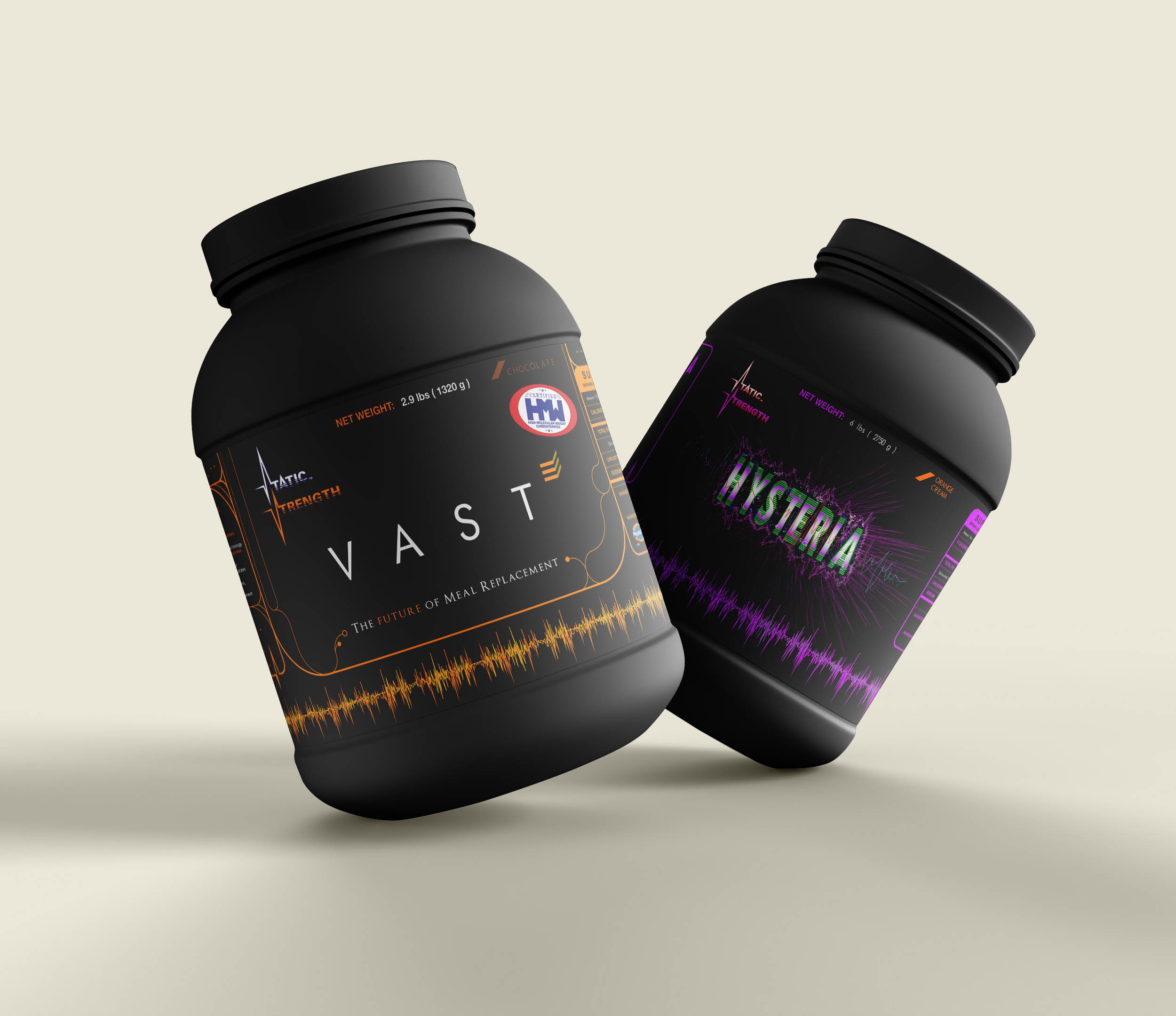 Photo of two tilted protein jars, on the left is the Vest jug and on the right, the Hysteria jug.