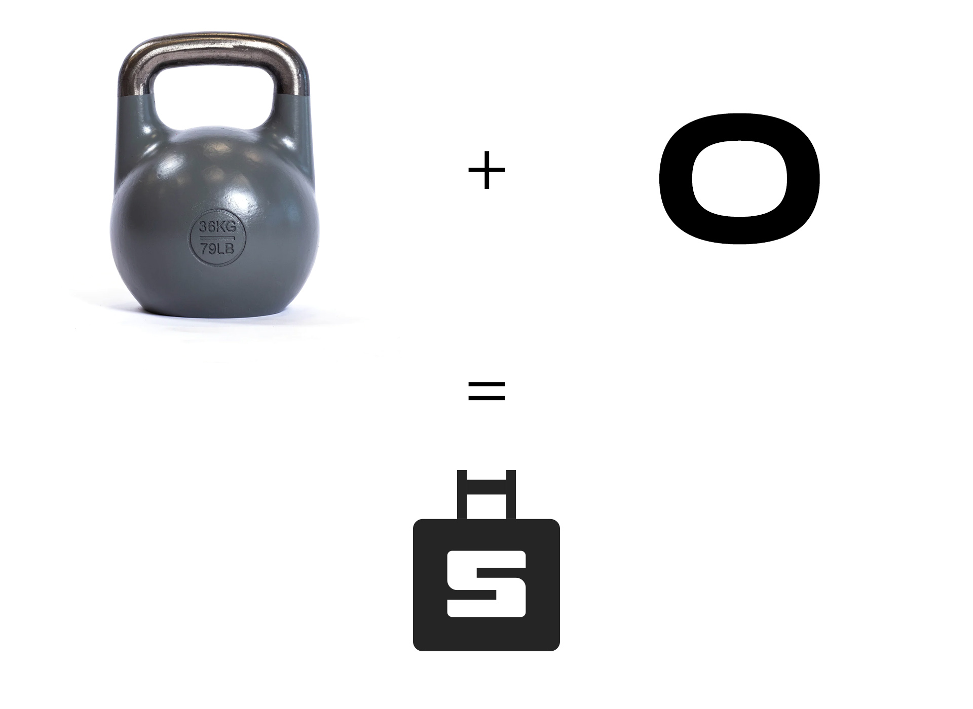 A photo of a big kettlebell alongside the letter O